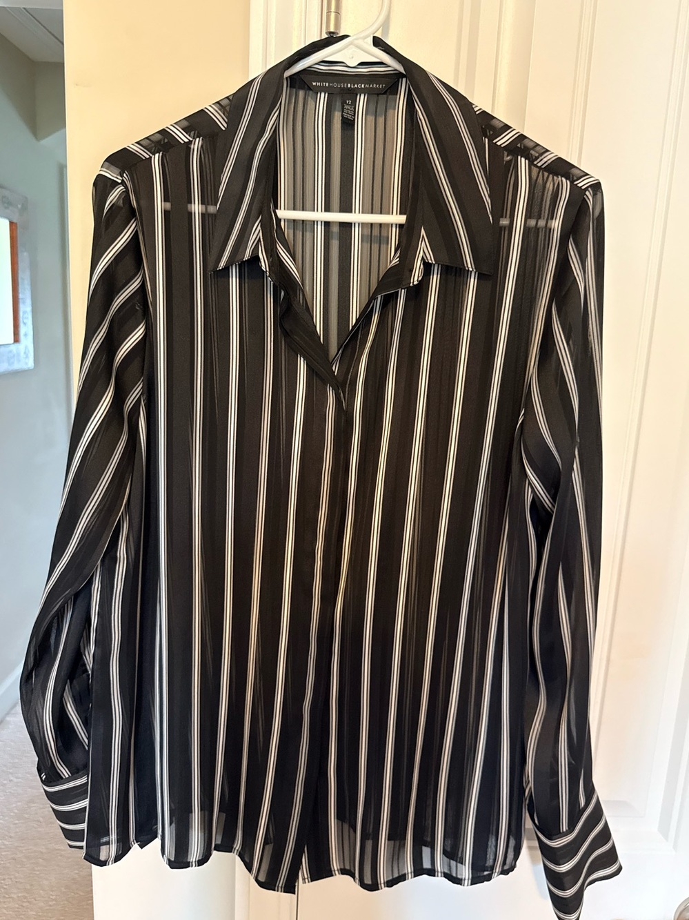 White House Black Market Sheer Black and White Vertical Stripe Button-Down Shirt